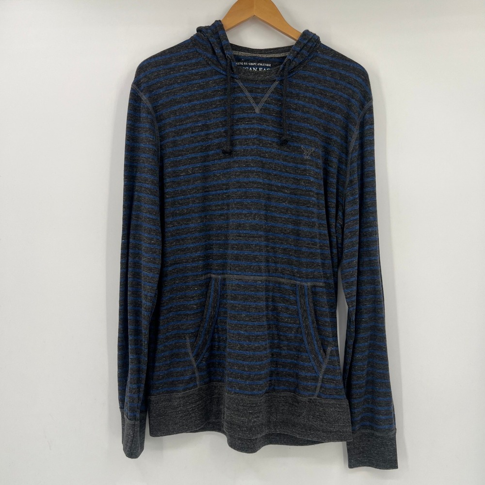 American Eagle Men L Y2K Athletic Fit Striped Hooded T-Shirt Blue Long Sleeve